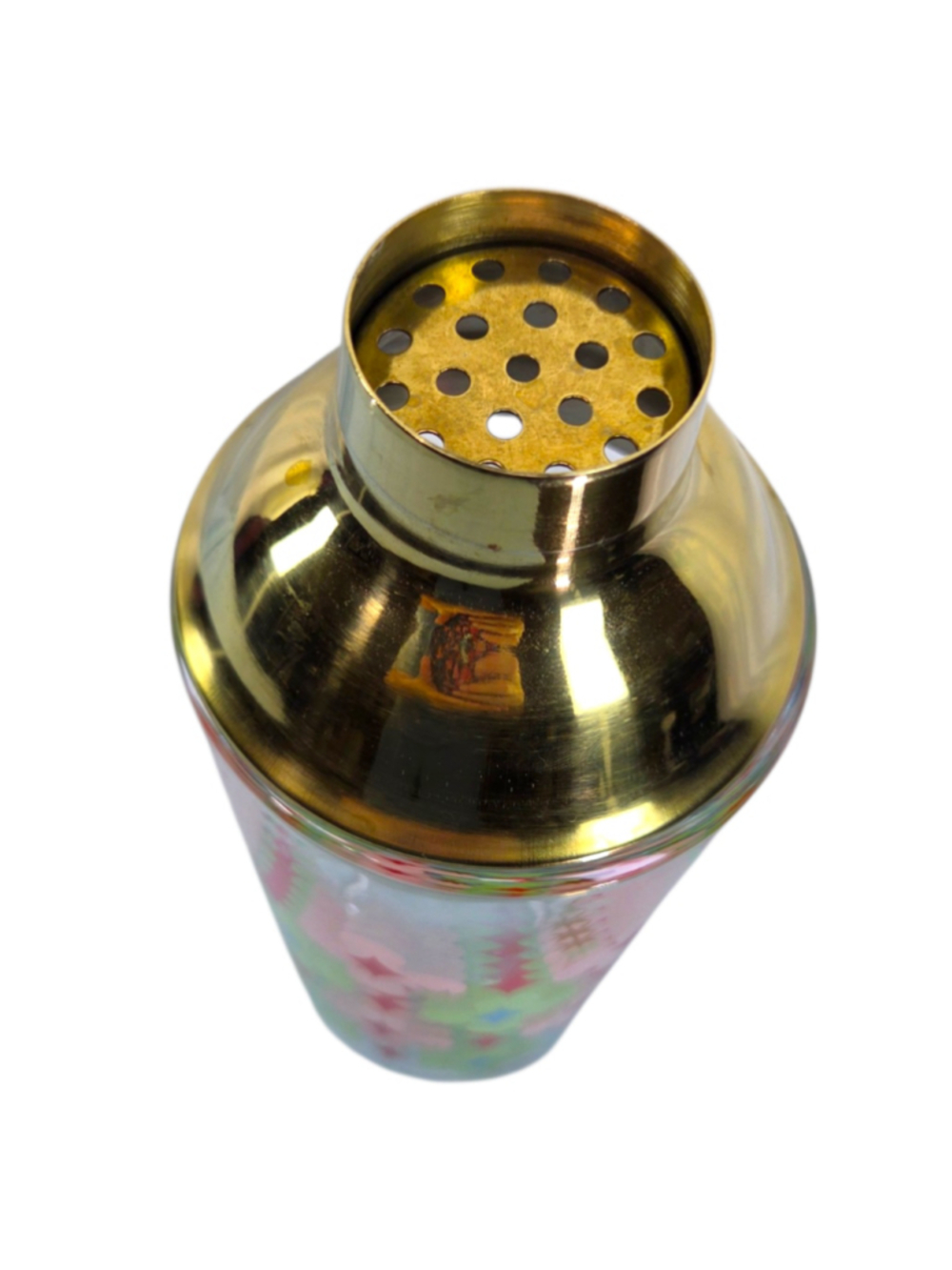 Retro MCM Style Floral Glass Cocktail Shaker Gold Metal Lid Colorful - Picture 4 of 10